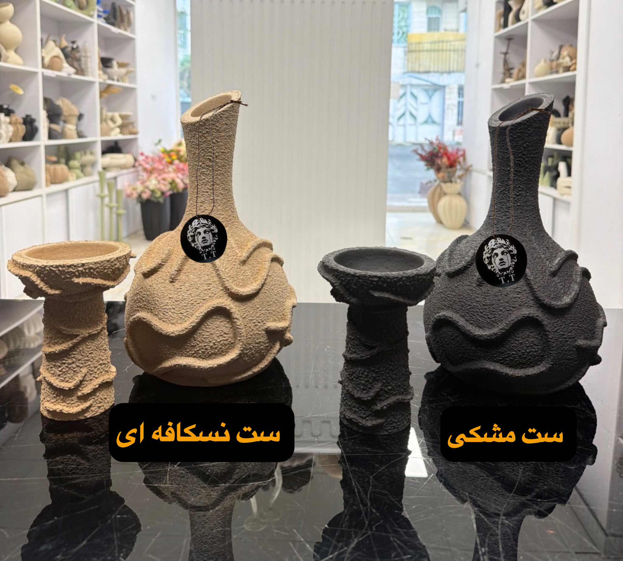 ست گلدان و جاشمعی تک شعله وارمری رومیزی مدل شاخه برجسته تکسچر  کد20283